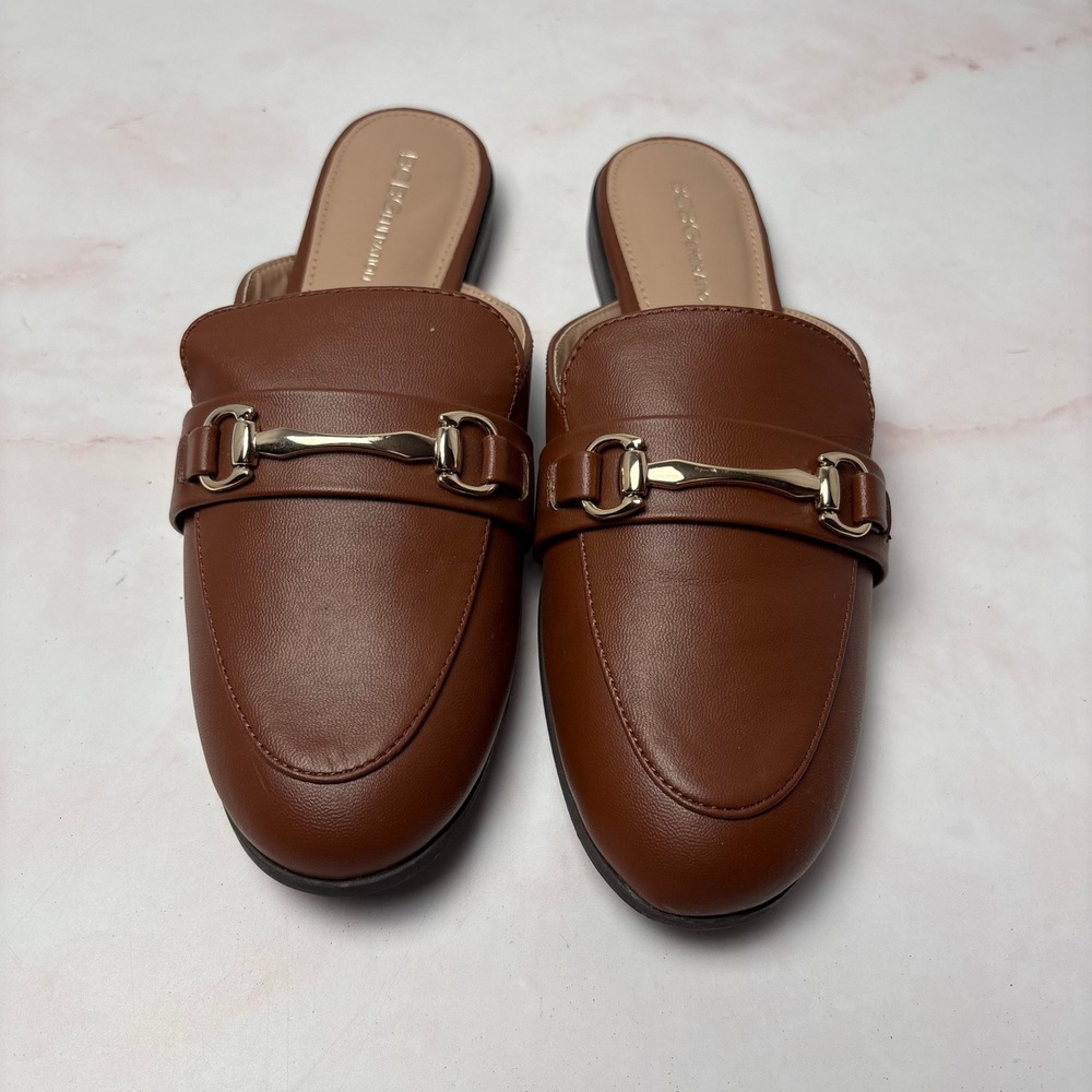 BCBGeneration Zilla Cognac Brown Faux Leather Horsebit Mule Loafers Womens 8M